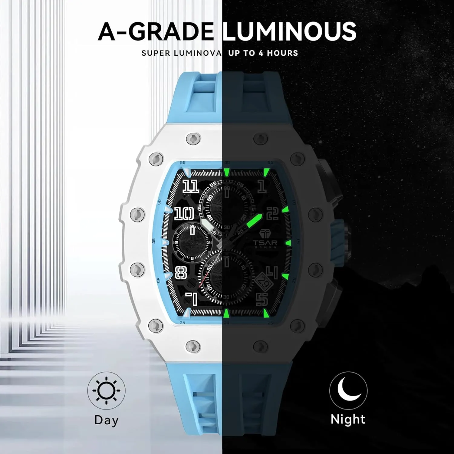 Mens Watches Luxury Tonneau Watches for Men Waterproof 50M Analog Replica Watch Chronograph Calendar Date Men’s Dress Business Work Watch Diver Large Square Face Wristwatch