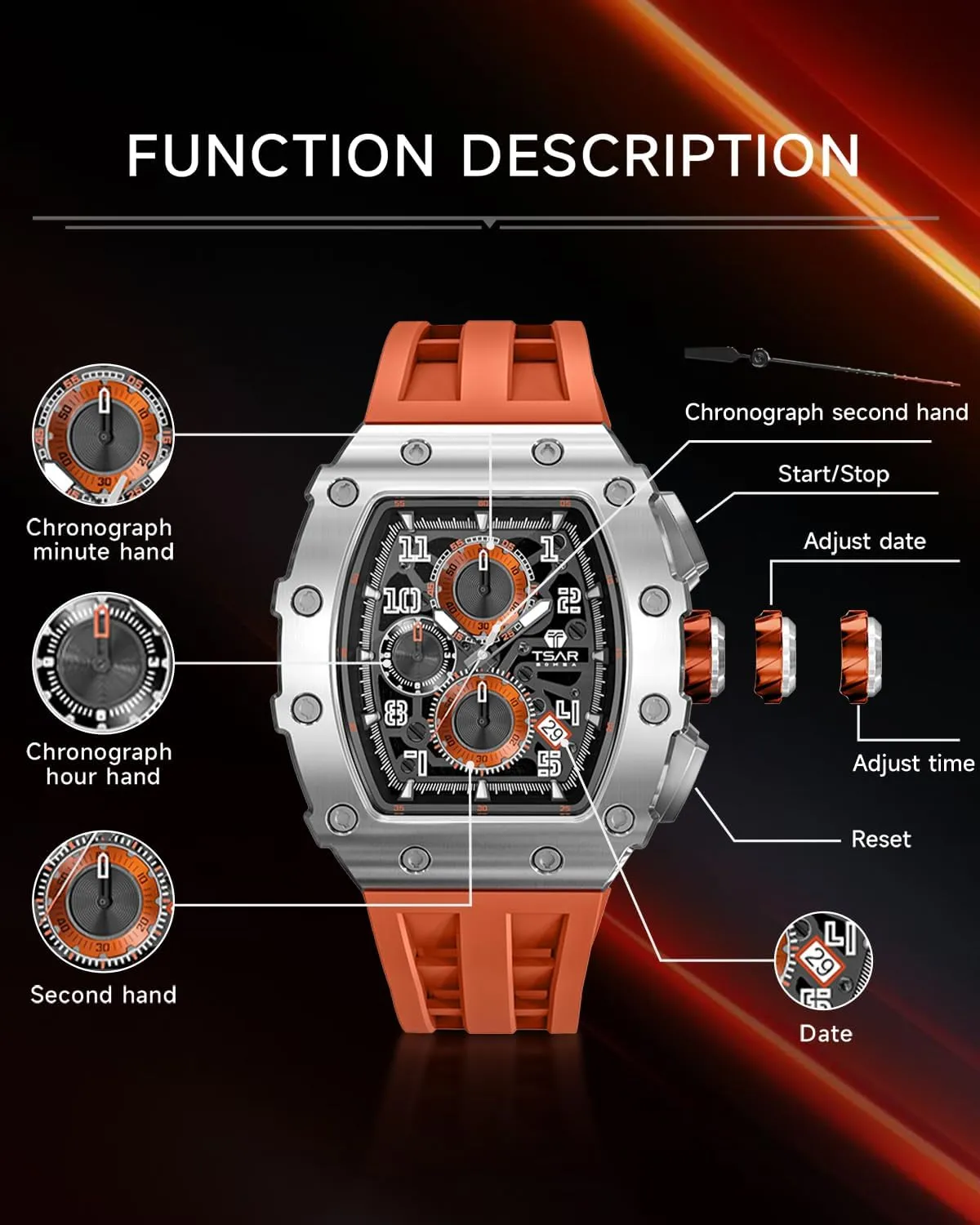 Mens Watches Luxury Tonneau Watches for Men Waterproof 50M Analog Replica Watch Chronograph Calendar Date Men’s Dress Business Work Watch Diver Large Square Face Wristwatch