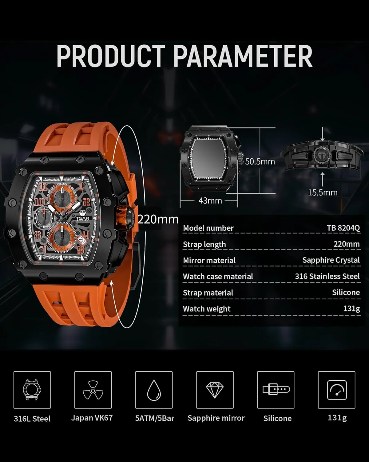 Mens Watches Luxury Tonneau Watches for Men Waterproof 50M Analog Replica Watch Chronograph Calendar Date Men’s Dress Business Work Watch Diver Large Square Face Wristwatch