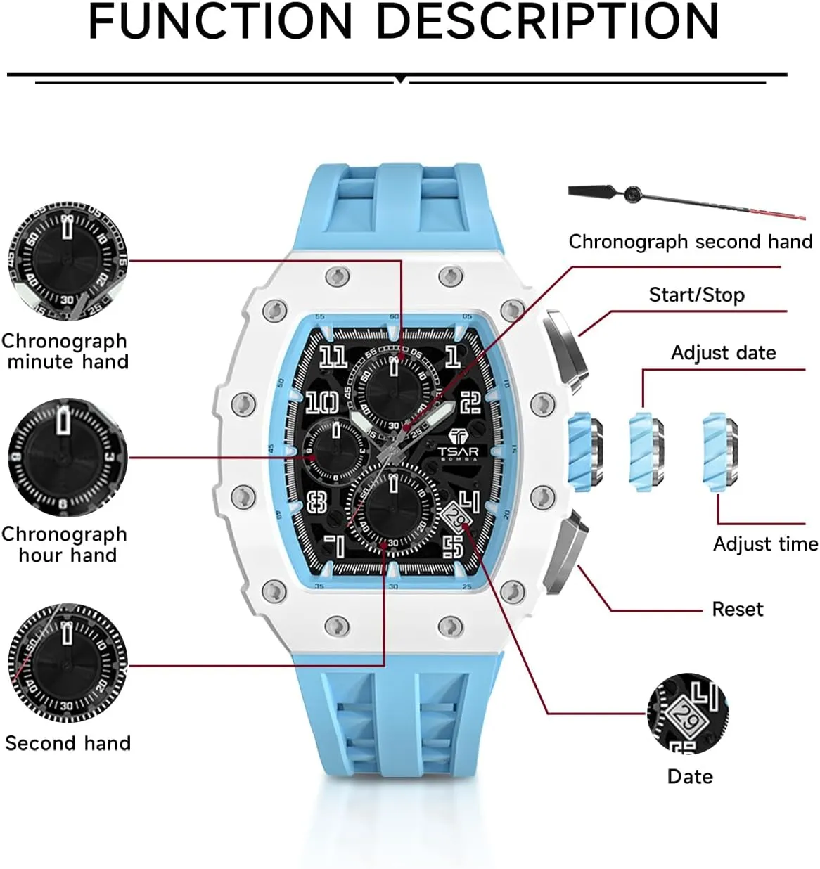 Mens Watches Luxury Tonneau Watches for Men Waterproof 50M Analog Replica Watch Chronograph Calendar Date Men’s Dress Business Work Watch Diver Large Square Face Wristwatch