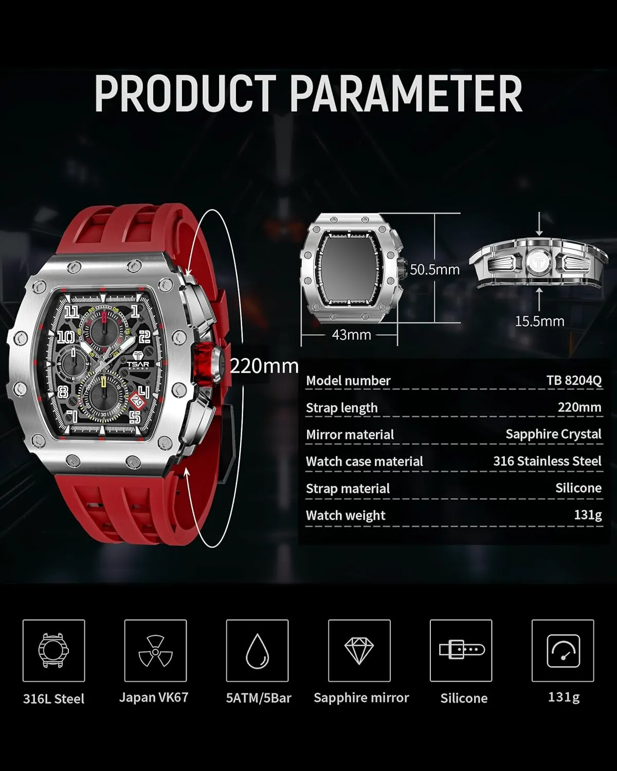 Mens Watches Luxury Tonneau Watches for Men Waterproof 50M Analog Replica Watch Chronograph Calendar Date Men’s Dress Business Work Watch Diver Large Square Face Wristwatch