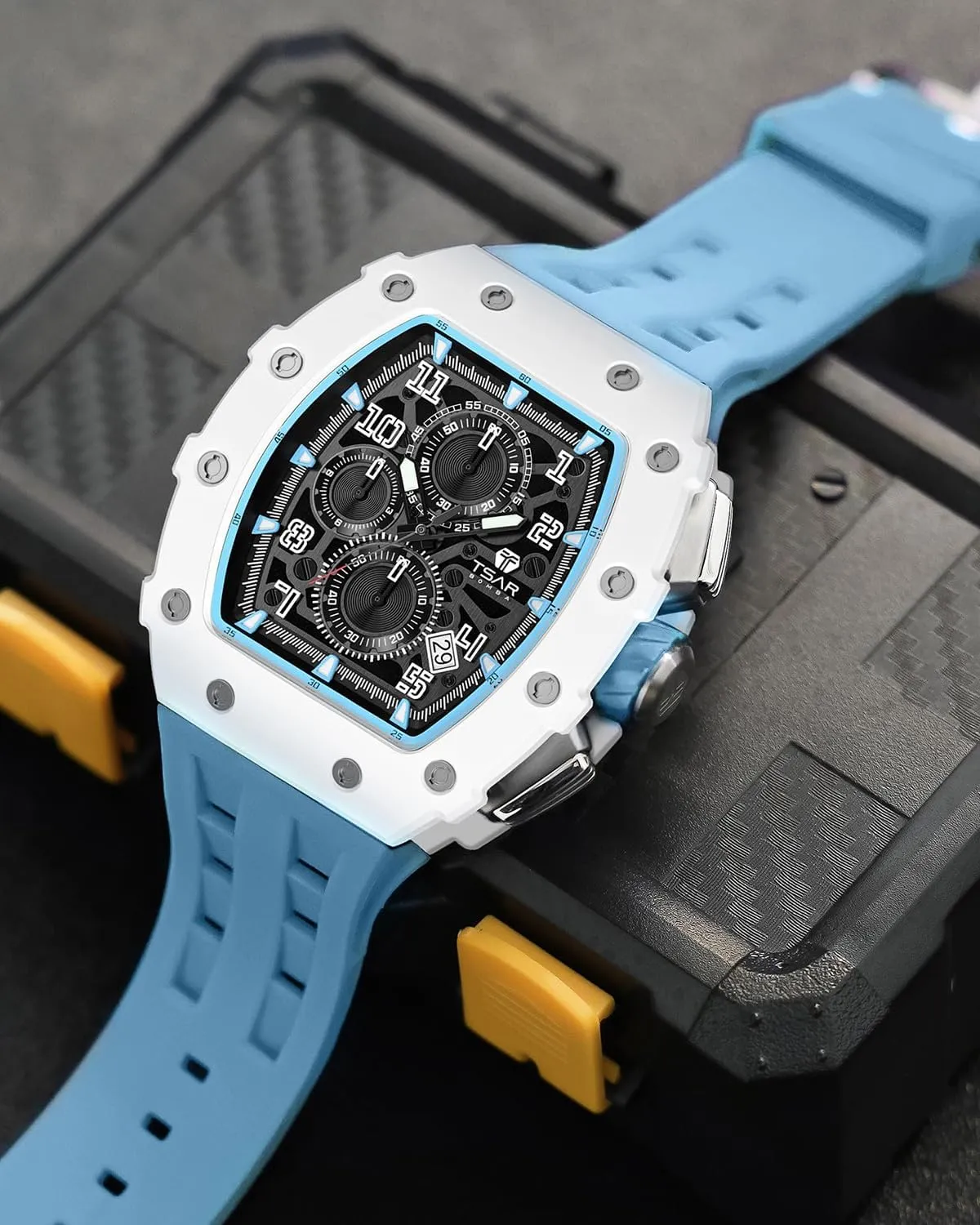 Mens Watches Luxury Tonneau Watches for Men Waterproof 50M Analog Replica Watch Chronograph Calendar Date Men’s Dress Business Work Watch Diver Large Square Face Wristwatch