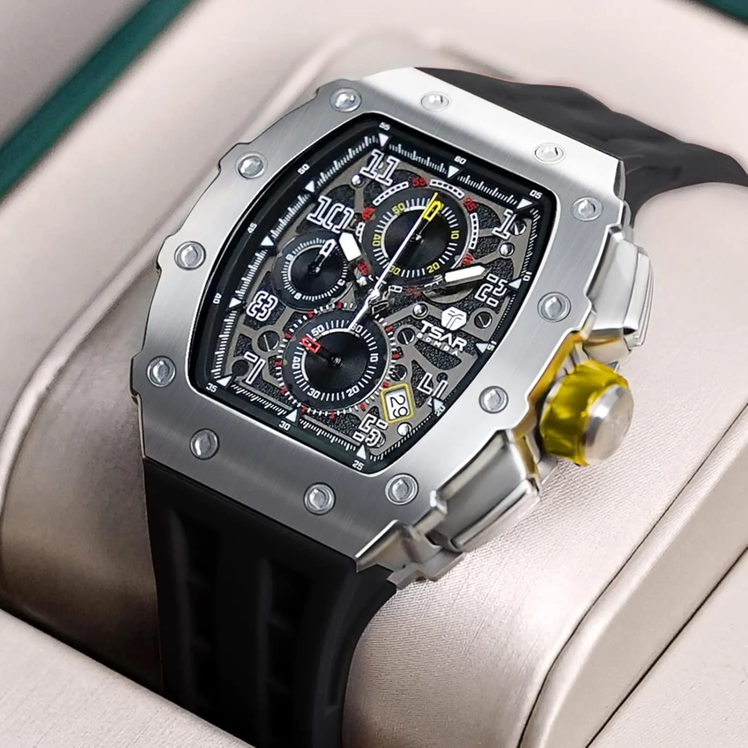 Mens Watches Luxury Tonneau Watches for Men Waterproof 50M Analog Replica Watch Chronograph Calendar Date Men’s Dress Business Work Watch Diver Large Square Face Wristwatch