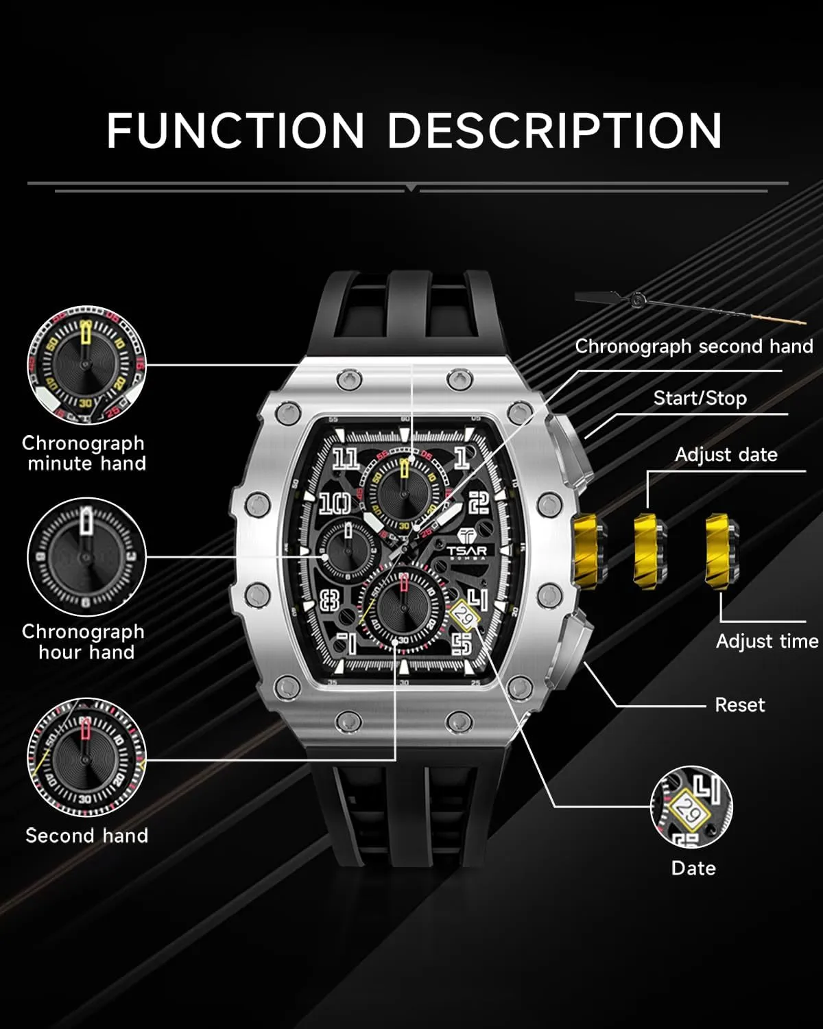 Mens Watches Luxury Tonneau Watches for Men Waterproof 50M Analog Replica Watch Chronograph Calendar Date Men’s Dress Business Work Watch Diver Large Square Face Wristwatch