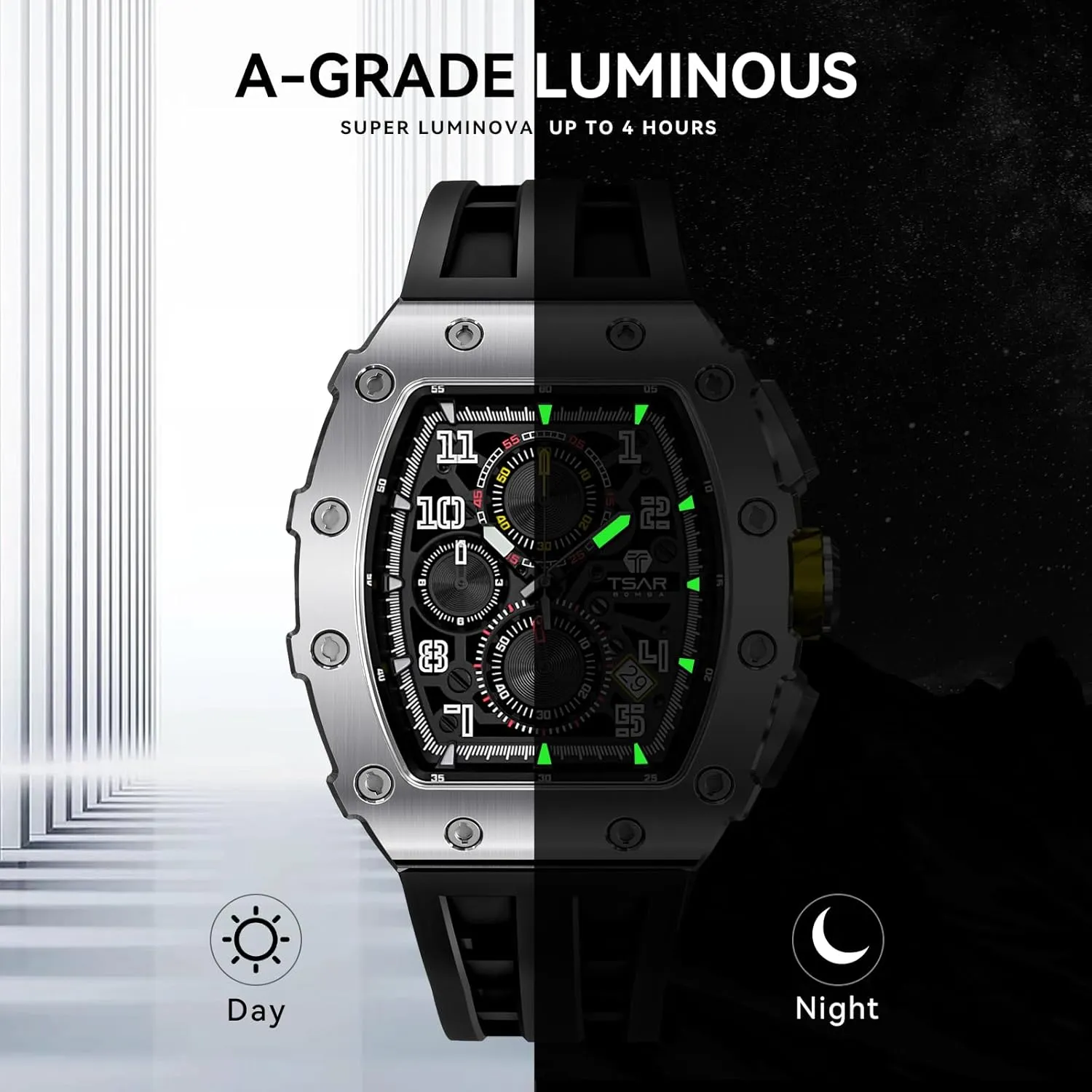 Mens Watches Luxury Tonneau Watches for Men Waterproof 50M Analog Replica Watch Chronograph Calendar Date Men’s Dress Business Work Watch Diver Large Square Face Wristwatch