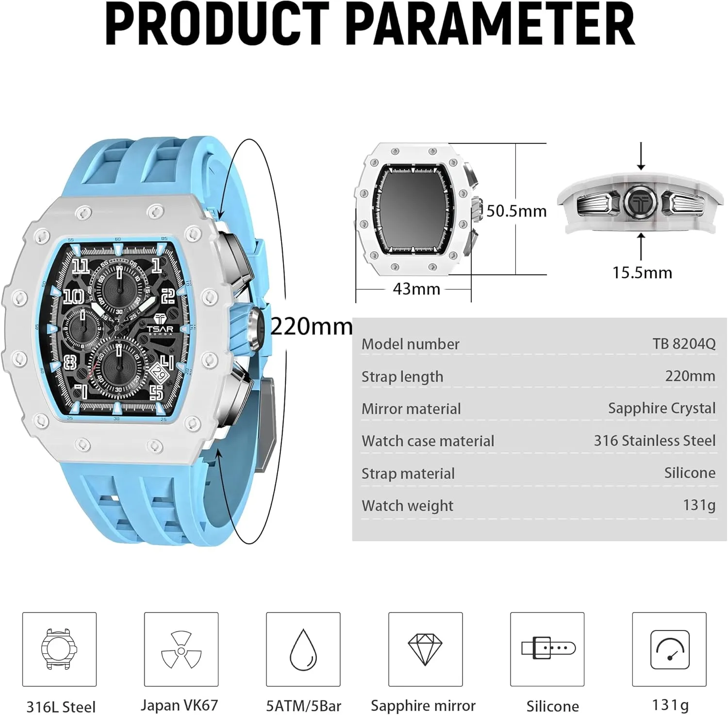 Mens Watches Luxury Tonneau Watches for Men Waterproof 50M Analog Replica Watch Chronograph Calendar Date Men’s Dress Business Work Watch Diver Large Square Face Wristwatch