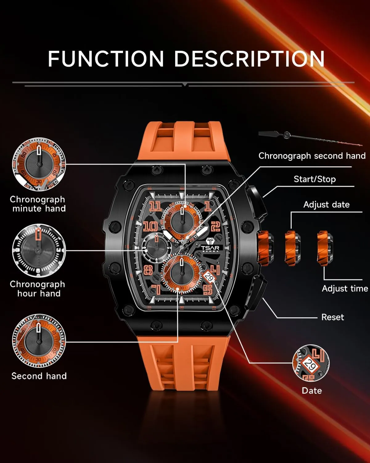 Mens Watches Luxury Tonneau Watches for Men Waterproof 50M Analog Replica Watch Chronograph Calendar Date Men’s Dress Business Work Watch Diver Large Square Face Wristwatch