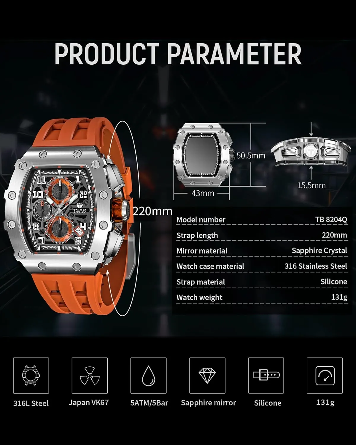 Mens Watches Luxury Tonneau Watches for Men Waterproof 50M Analog Replica Watch Chronograph Calendar Date Men’s Dress Business Work Watch Diver Large Square Face Wristwatch