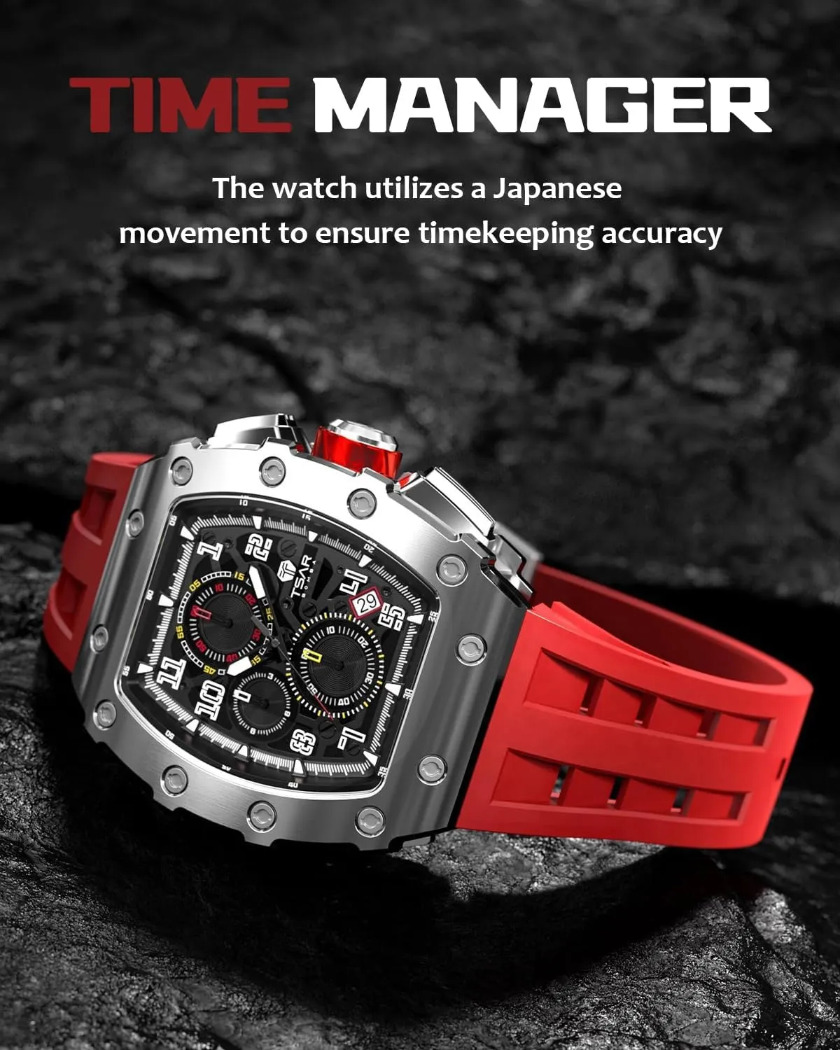 Mens Watches Luxury Tonneau Watches for Men Waterproof 50M Analog Replica Watch Chronograph Calendar Date Men’s Dress Business Work Watch Diver Large Square Face Wristwatch