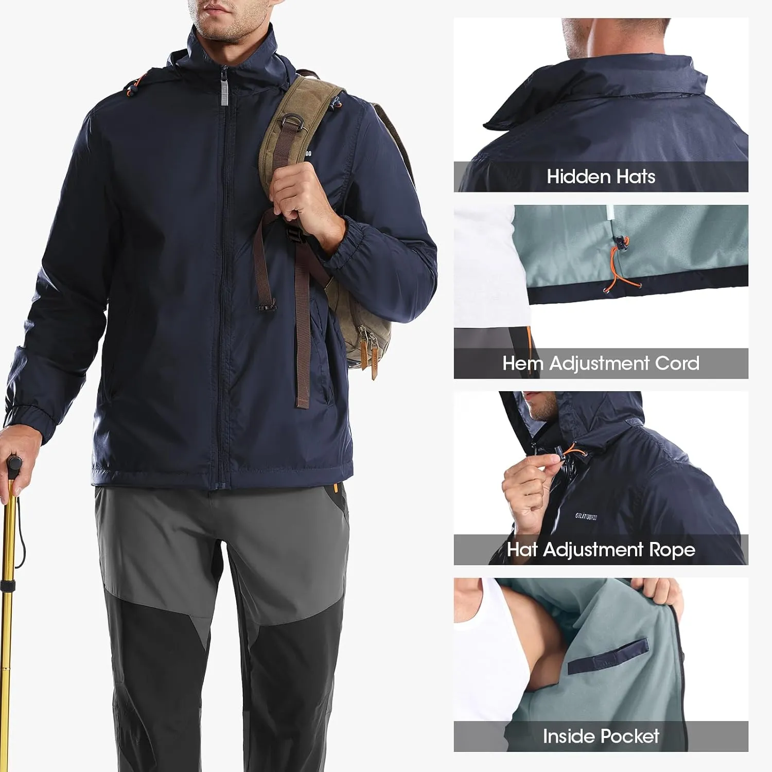 Mens Waterproof Jacket Outdoor Lightweight Hooded Windbreaker Travel Hiking Windproof Raincoat
