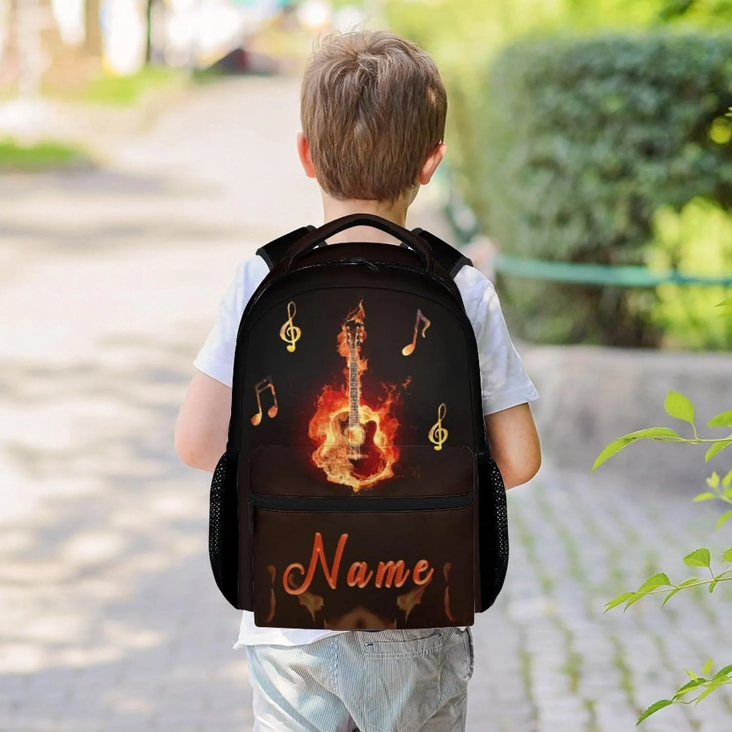Mercuryelf Personalized Guitar Backpack for Girls & Boys, 16 Inch Black Flame Backpacks for School, Cool Lightweight Bookbag for Kids