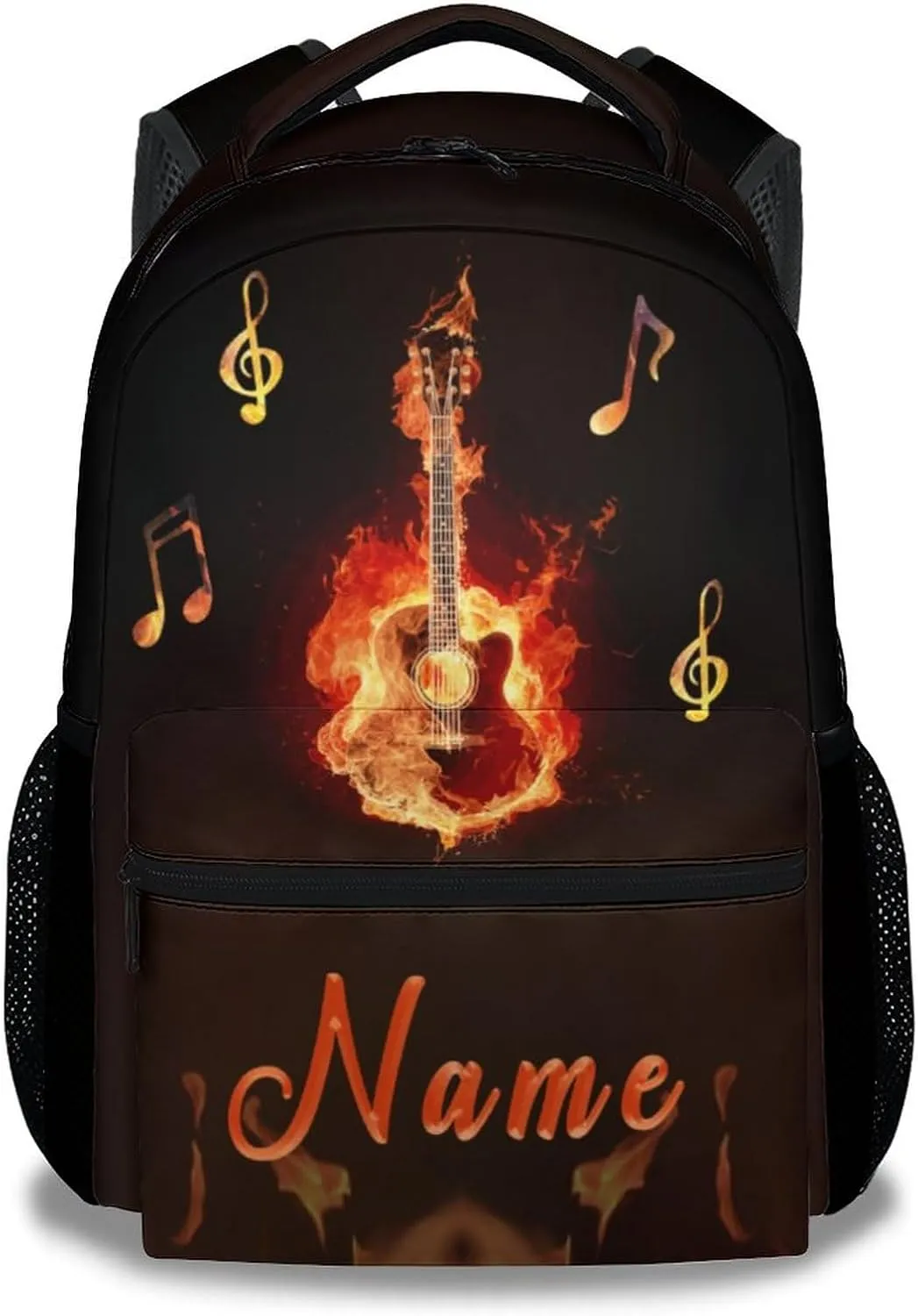 Mercuryelf Personalized Guitar Backpack for Girls & Boys, 16 Inch Black Flame Backpacks for School, Cool Lightweight Bookbag for Kids