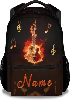Mercuryelf Personalized Guitar Backpack for Girls & Boys, 16 Inch Black Flame Backpacks for School, Cool Lightweight Bookbag for Kids