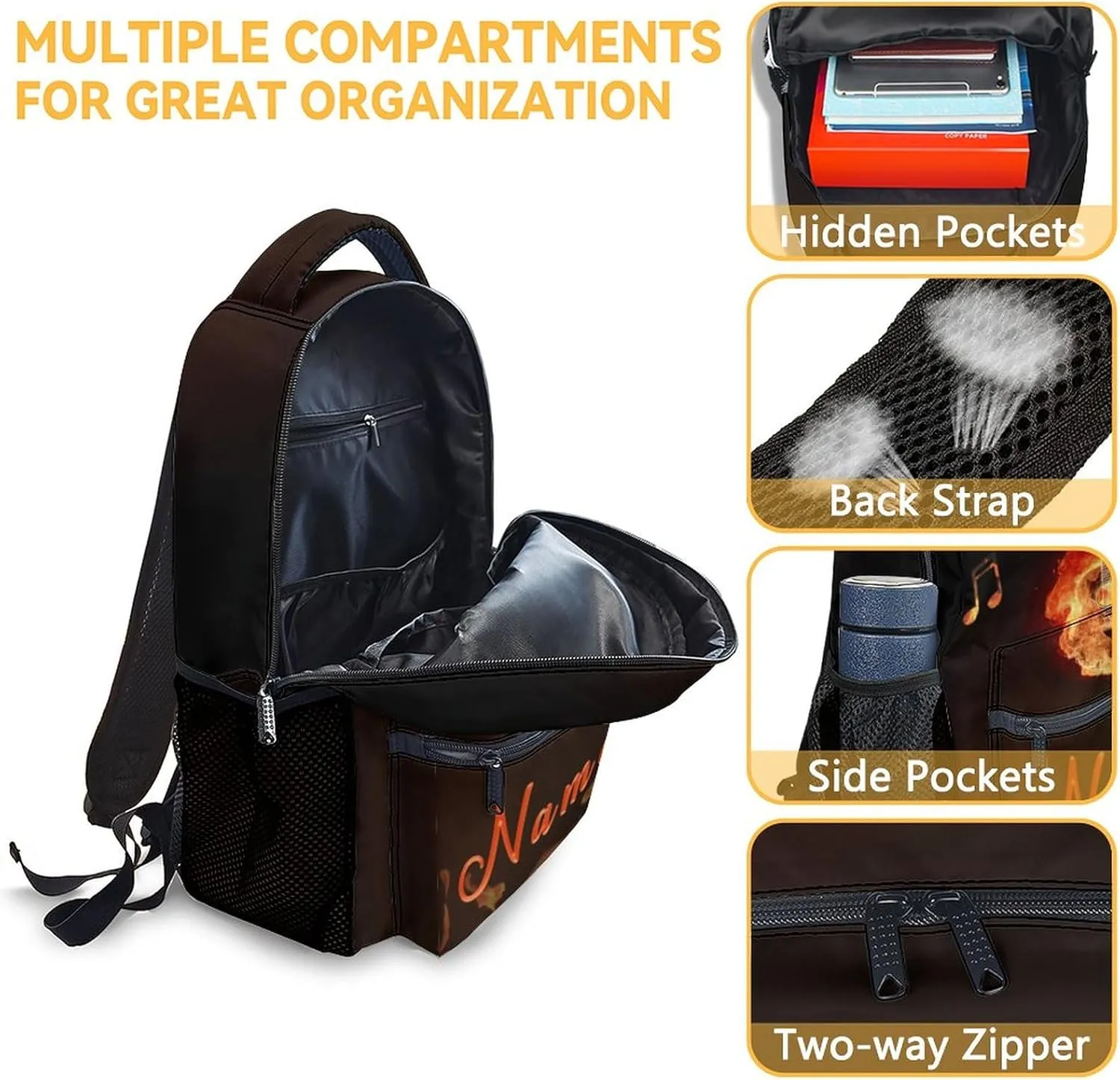 Mercuryelf Personalized Guitar Backpack for Girls & Boys, 16 Inch Black Flame Backpacks for School, Cool Lightweight Bookbag for Kids