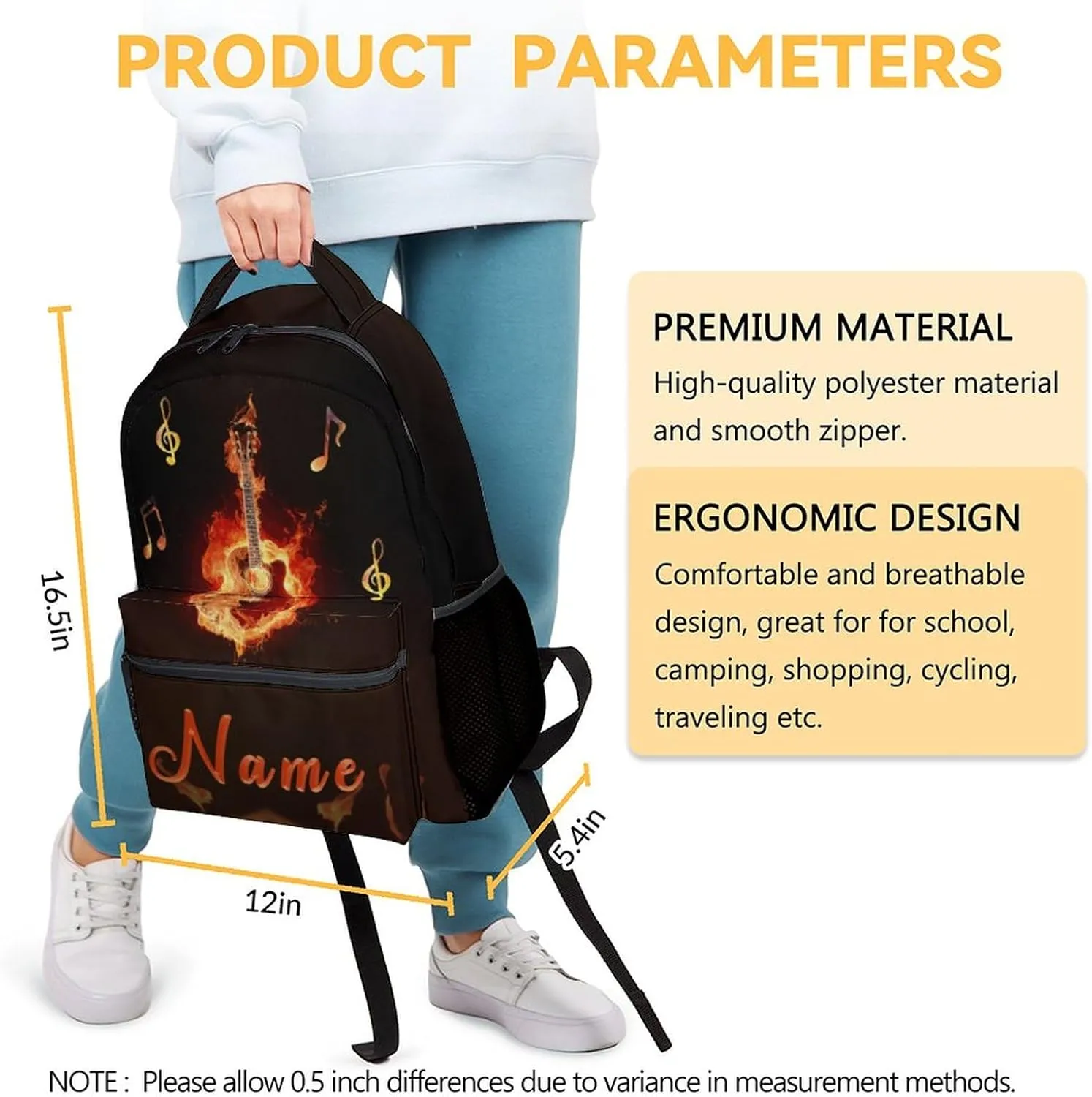 Mercuryelf Personalized Guitar Backpack for Girls & Boys, 16 Inch Black Flame Backpacks for School, Cool Lightweight Bookbag for Kids