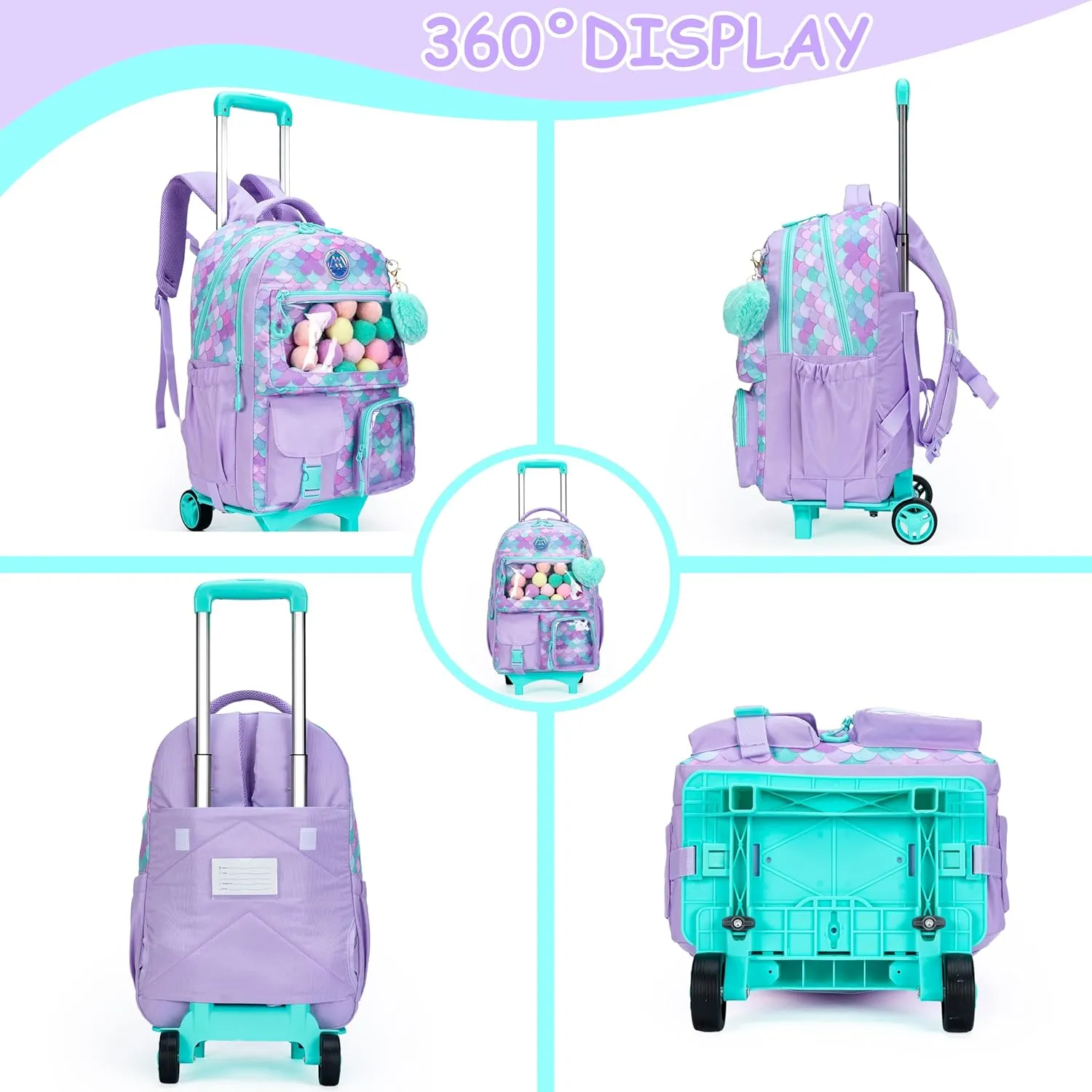 Mermaid Backpack with Wheels for Girls Aesthetic Rolling Backpack with Lunch Box Pencil Case for Kids Carry On Suitcase with Wheels for Elementary Teens Girls.