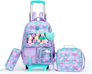 Mermaid Backpack with Wheels for Girls Aesthetic Rolling Backpack with Lunch Box Pencil Case for Kids Carry On Suitcase with Wheels for Elementary Teens Girls.
