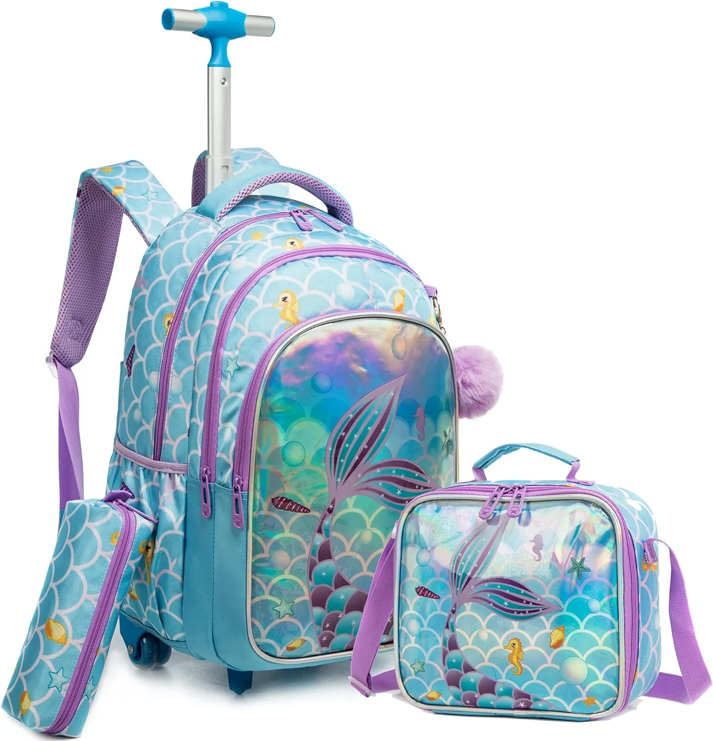 Mermaid Rolling Backpack for Gilrs School Backpack with Wheels Roller Wheels Bookbag Trolly Luggage for Elementary