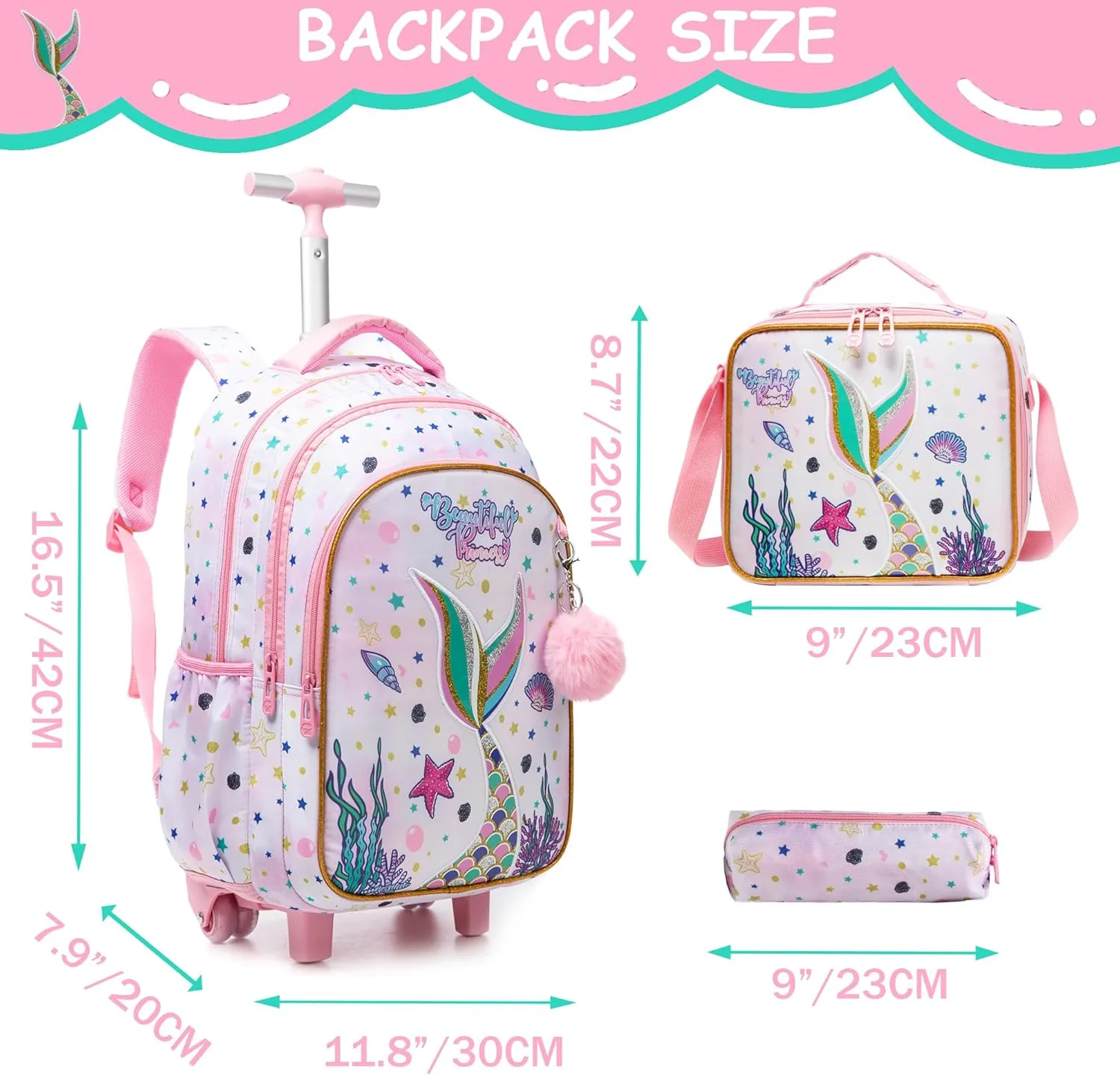 Mermaid Rolling Backpack for Girls - School & Travel Carry On Luggage with Wheels