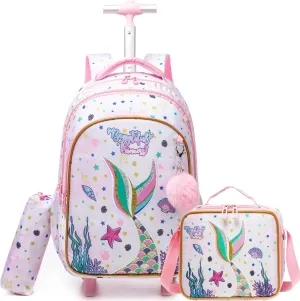 Mermaid Rolling Backpack for Girls - School & Travel Carry On Luggage with Wheels