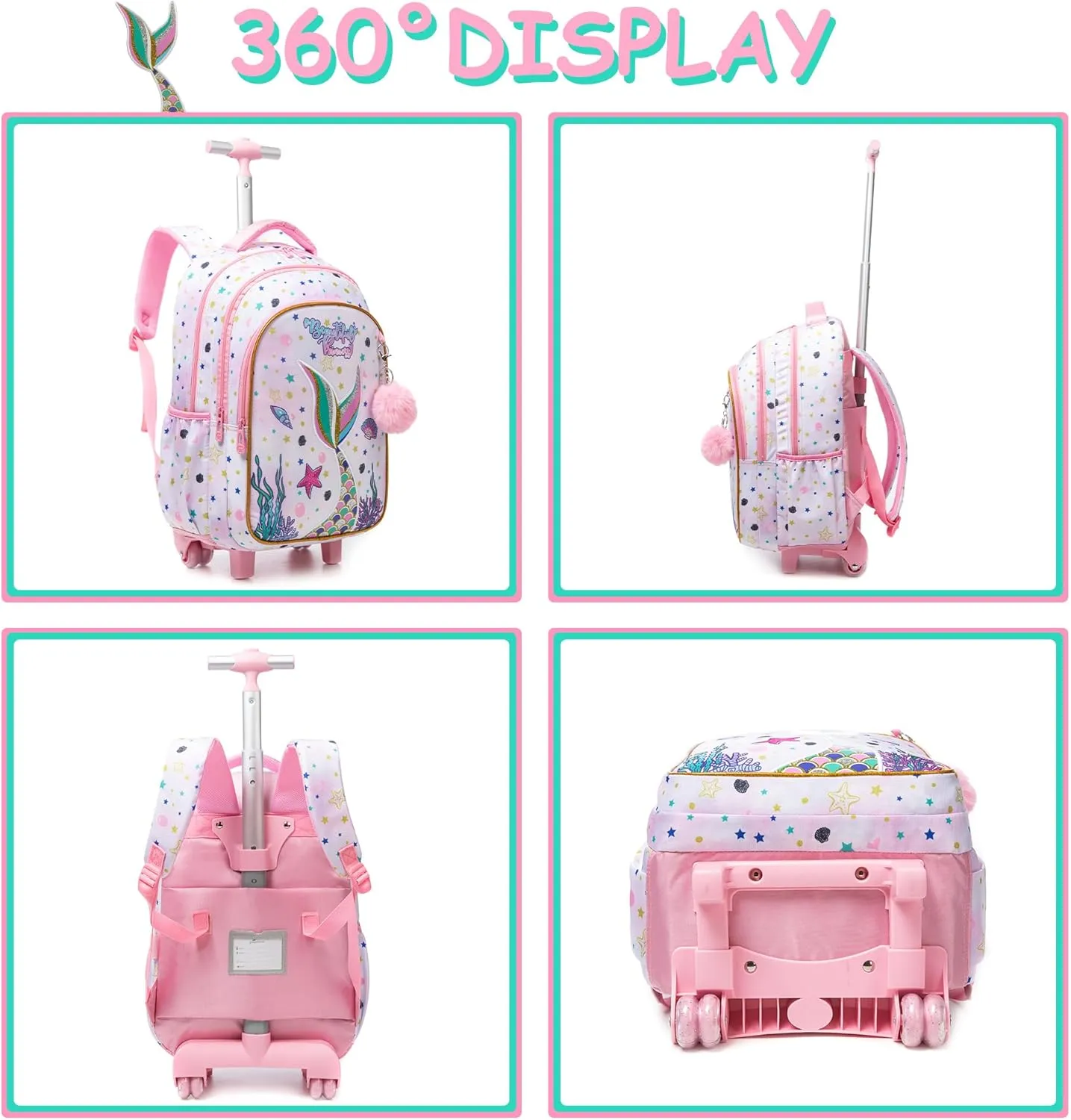 Mermaid Rolling Backpack for Girls - School & Travel Carry On Luggage with Wheels