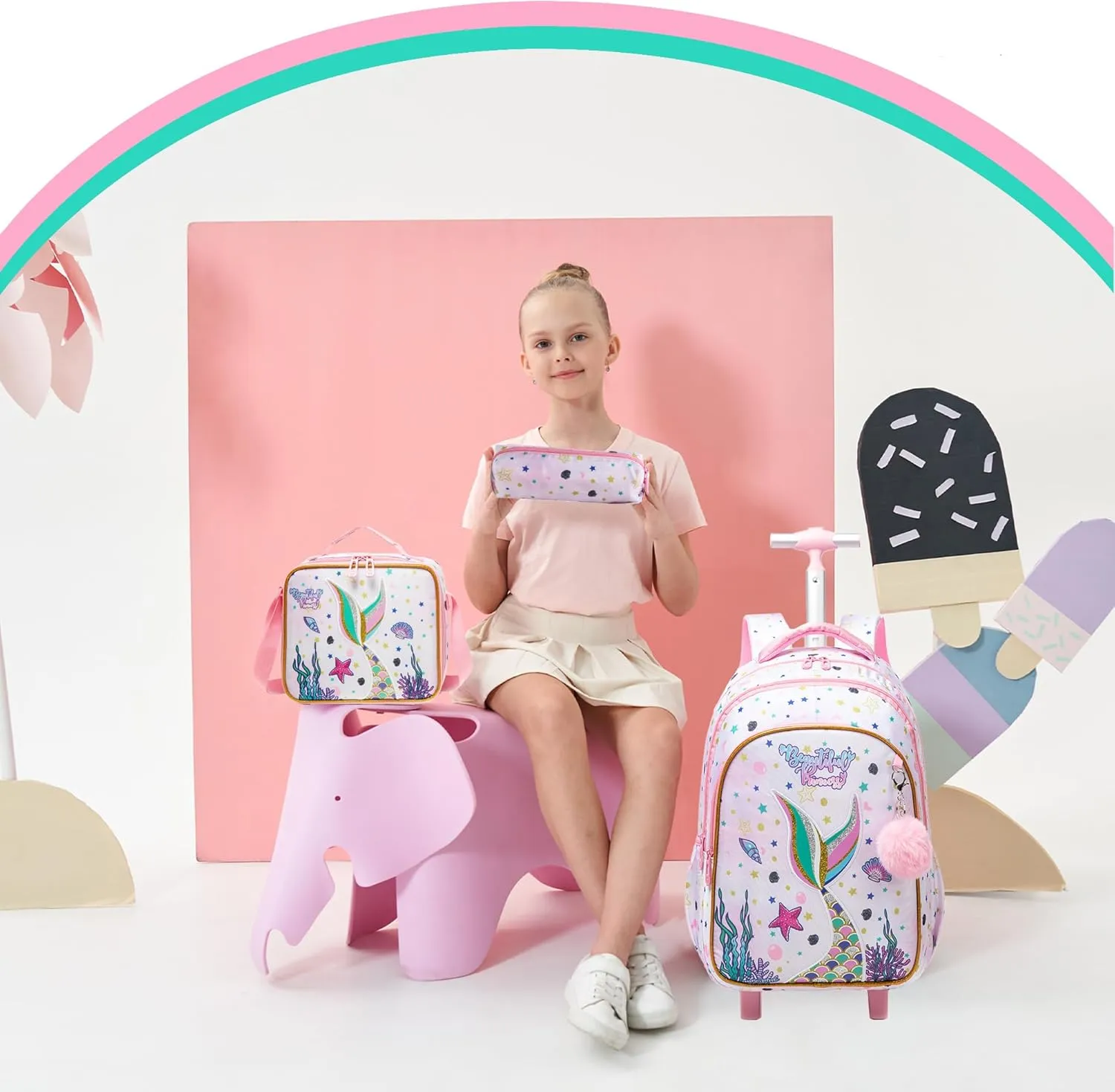 Mermaid Rolling Backpack for Girls - School & Travel Carry On Luggage with Wheels
