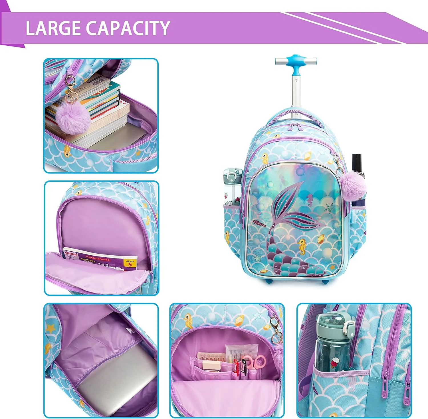 Mermaid Rolling Backpack for Kids Rolling Backpack Cute Wheeled Backpack Backpack with Wheels Girls Backpack with Lunch Box Set Kids Suitcase for Girls Bookbag Roller Travel Bag with Lunch Box