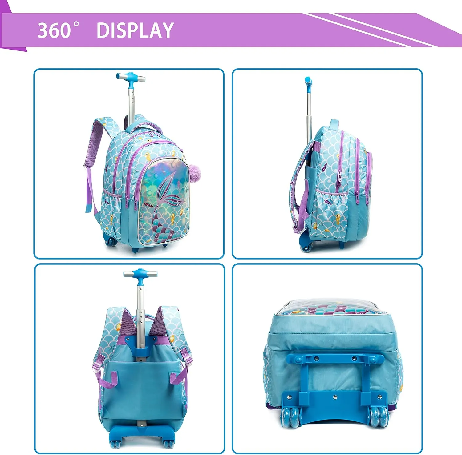 Mermaid Rolling Backpack for Kids Rolling Backpack Cute Wheeled Backpack Backpack with Wheels Girls Backpack with Lunch Box Set Kids Suitcase for Girls Bookbag Roller Travel Bag with Lunch Box