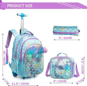 Mermaid Rolling Backpack for Kids Rolling Backpack Cute Wheeled Backpack Backpack with Wheels Girls Backpack with Lunch Box Set Kids Suitcase for Girls Bookbag Roller Travel Bag with Lunch Box