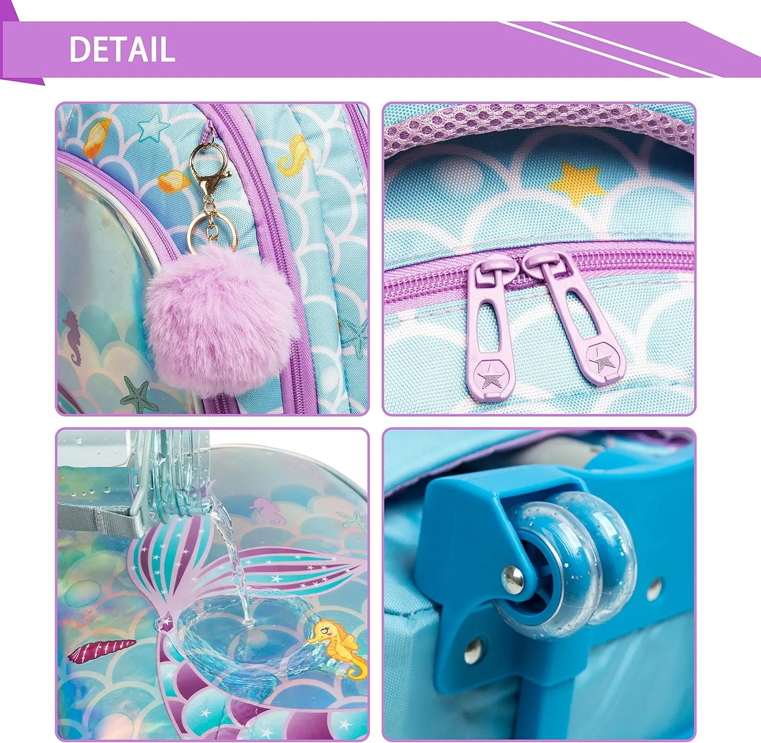 Mermaid Rolling Backpack for Kids Rolling Backpack Cute Wheeled Backpack Backpack with Wheels Girls Backpack with Lunch Box Set Kids Suitcase for Girls Bookbag Roller Travel Bag with Lunch Box