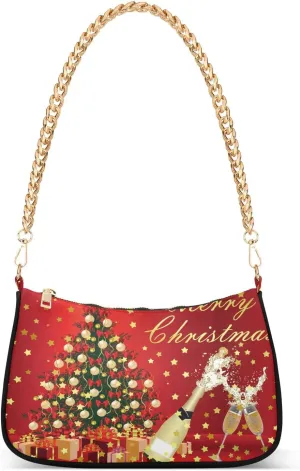 Merry Christmas Celebration Decoration Shoulder Handbags for Women Travel Hobo Tote Handbag Women Gold Chain Shoulder Bags Purse with Zipper Closure
