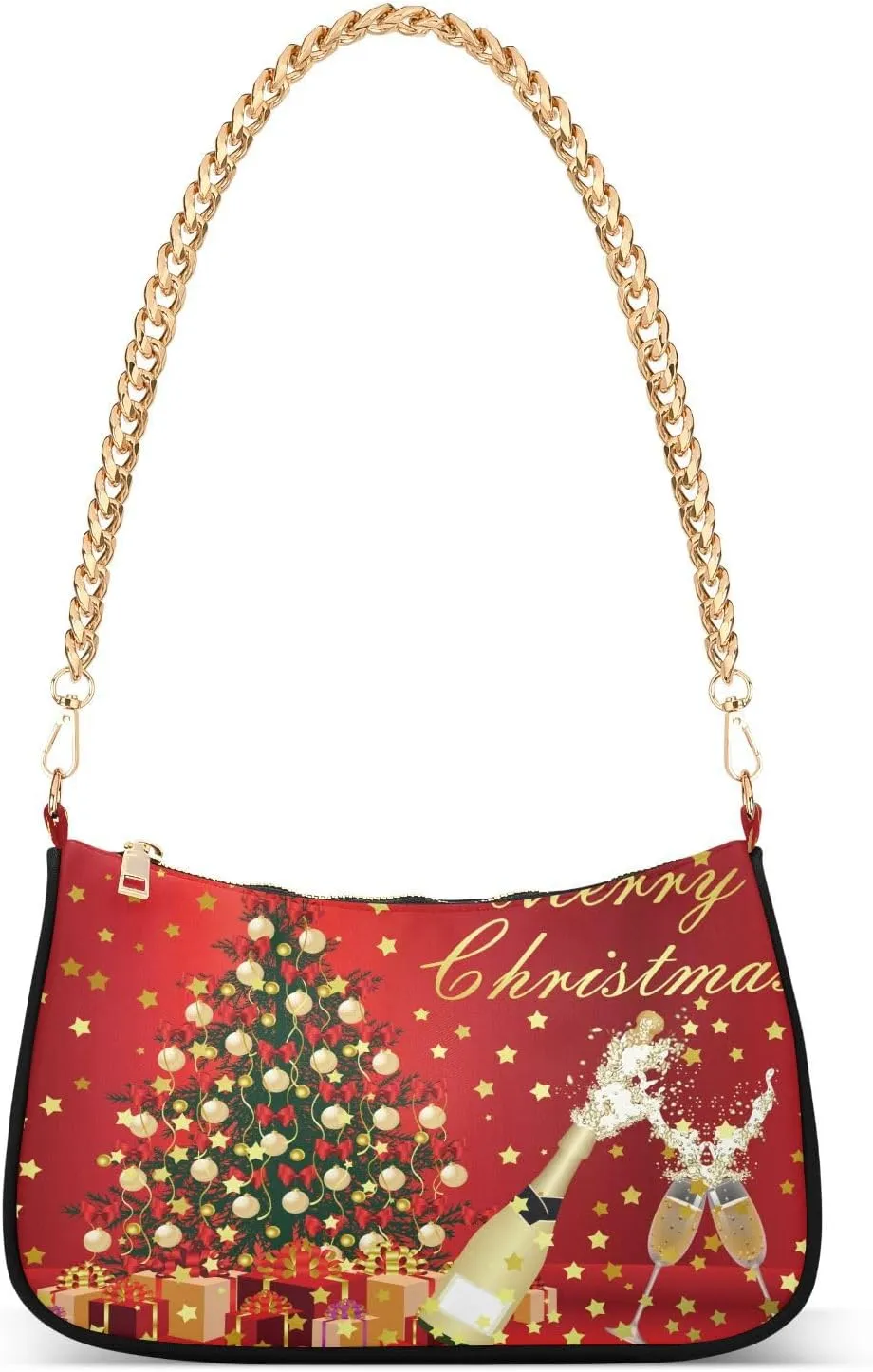 Merry Christmas Celebration Decoration Shoulder Handbags for Women Travel Hobo Tote Handbag Women Gold Chain Shoulder Bags Purse with Zipper Closure