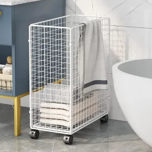 Metal Rolling Laundry Basket Cart,Collapsible Metal Laundry Basket with Wheels, Clothes or Linen Storage Hamper Organization Bin for Living Room,Bathroom,Rolling Laundry Basket car with with Wheels