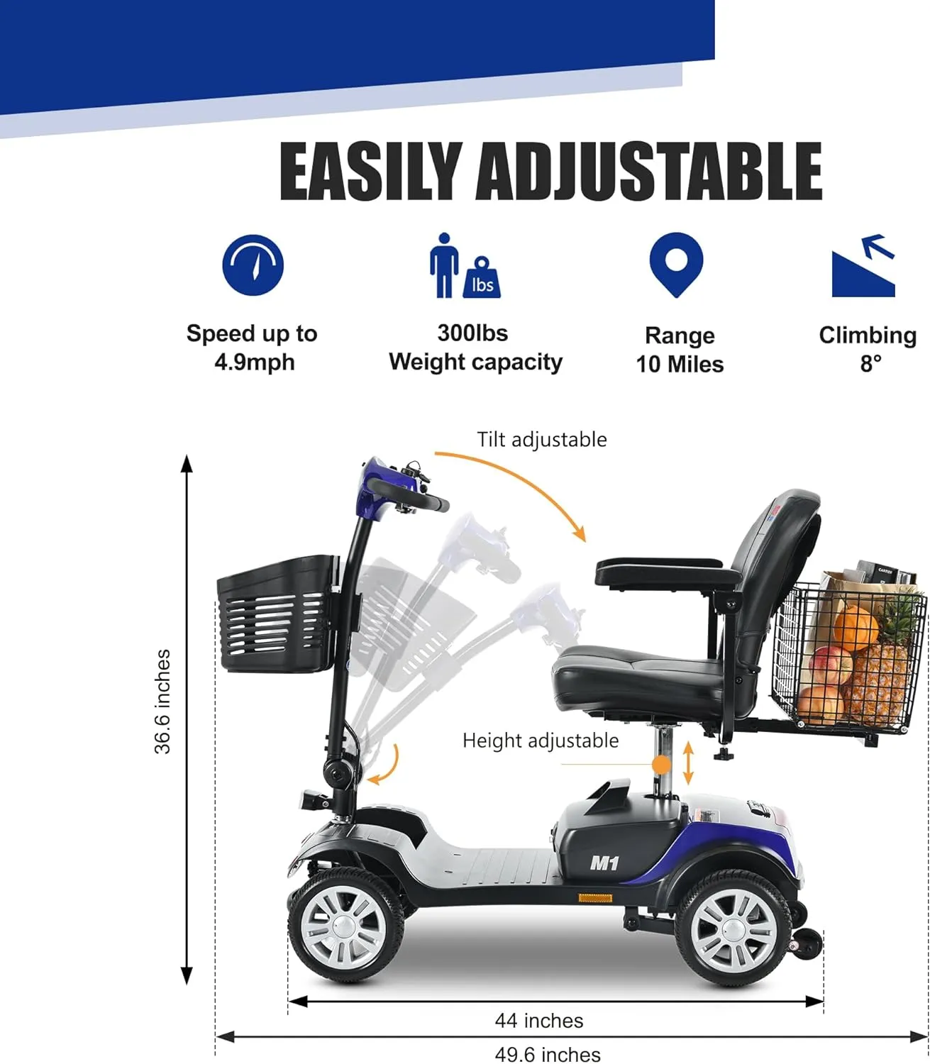 Metro Mobility 4 Wheel Foldable Mobility Scooter for Adults - 300 lbs Capacity Electric Mobility Scooters for Seniors - Long Range Power Extended Battery with Thickened Seat and Front LED Light - Blue