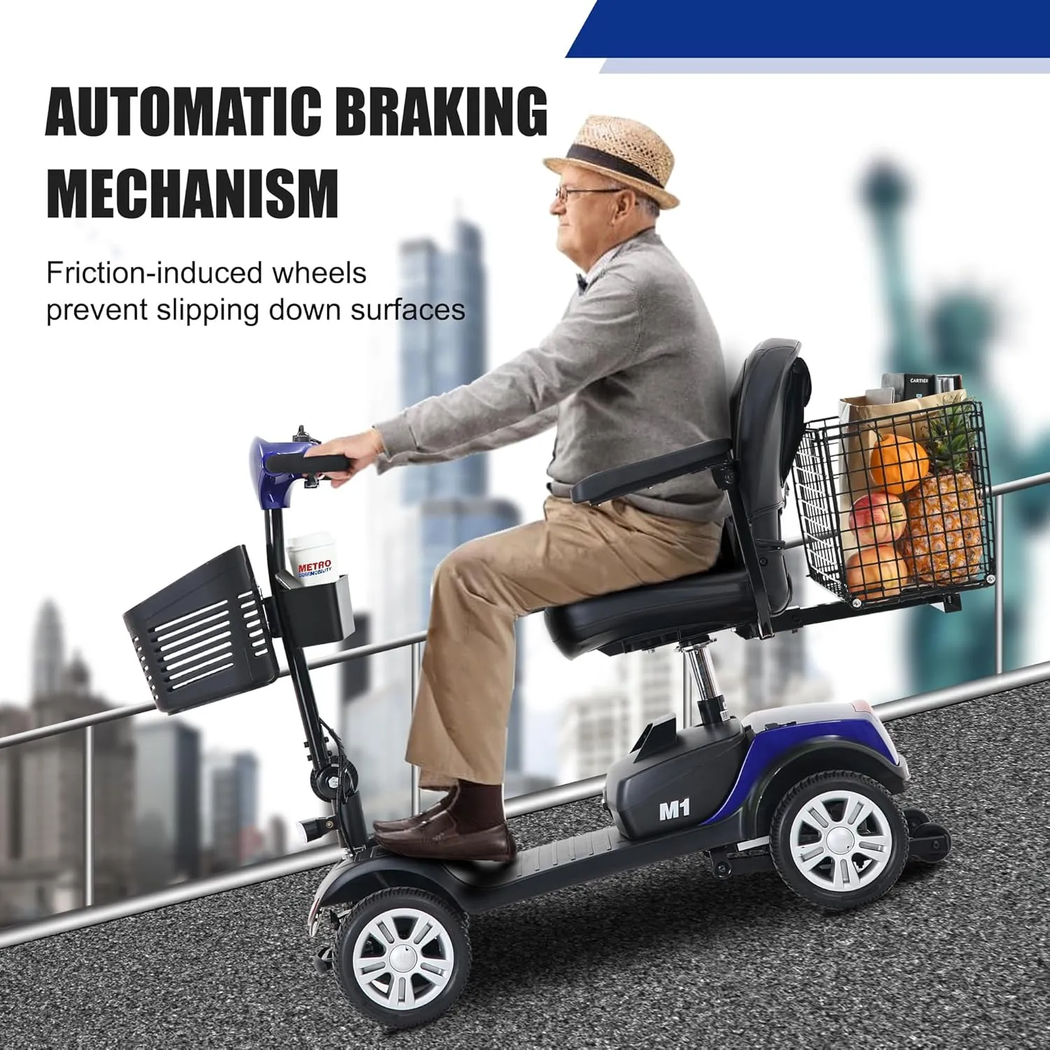 Metro Mobility 4 Wheel Foldable Mobility Scooter for Adults - 300 lbs Capacity Electric Mobility Scooters for Seniors - Long Range Power Extended Battery with Thickened Seat and Front LED Light - Blue