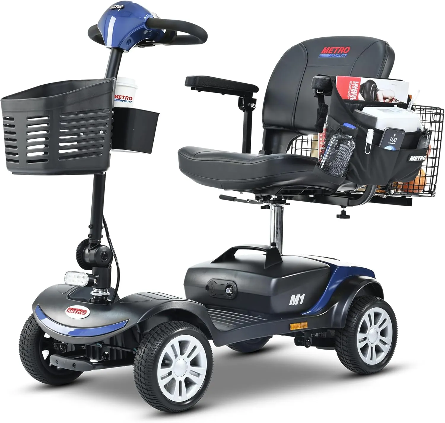 Metro Mobility 4 Wheel Foldable Mobility Scooter for Adults - 300 lbs Capacity Electric Mobility Scooters for Seniors - Long Range Power Extended Battery with Thickened Seat and Front LED Light - Blue