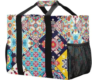 Mexican Talavera Large Foldable Travel Tote Bag, Lightweight Waterproof Swim Pool Bag with Handles & Pocket for Beach Outdoor, Reusable Grocery Bag for Kitchen, Shopping