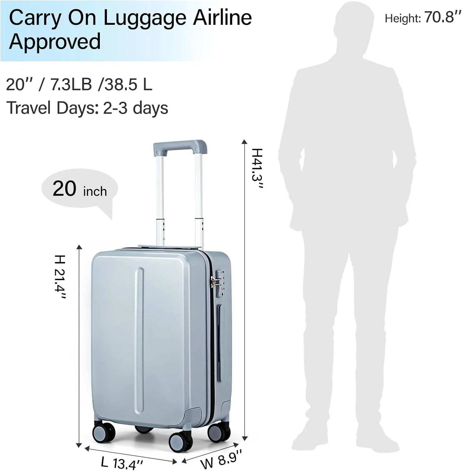 MILADA 20 Inch Carry On Luggage Airline Approved 22x14x9 Luggage Carry On Suitcase Hard Shell Suitcases with Wheels Carry on Bag Travel Luggage with TSA Lock,Grey