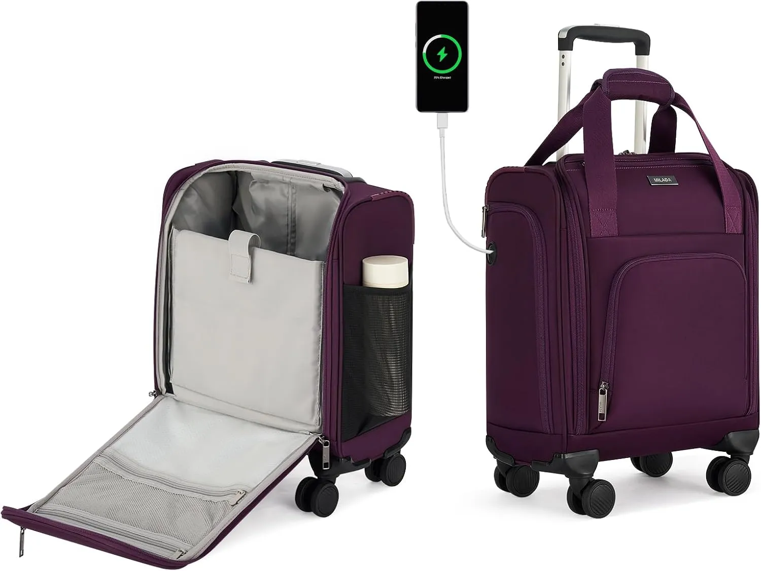 MILADA Carry On Luggage Airline Approved 16 Inch Underseat Small Suitcases with Wheels Softside Travel Luggage Carry On Mini Suitcase for Men Women Short Business and Travel, Purple