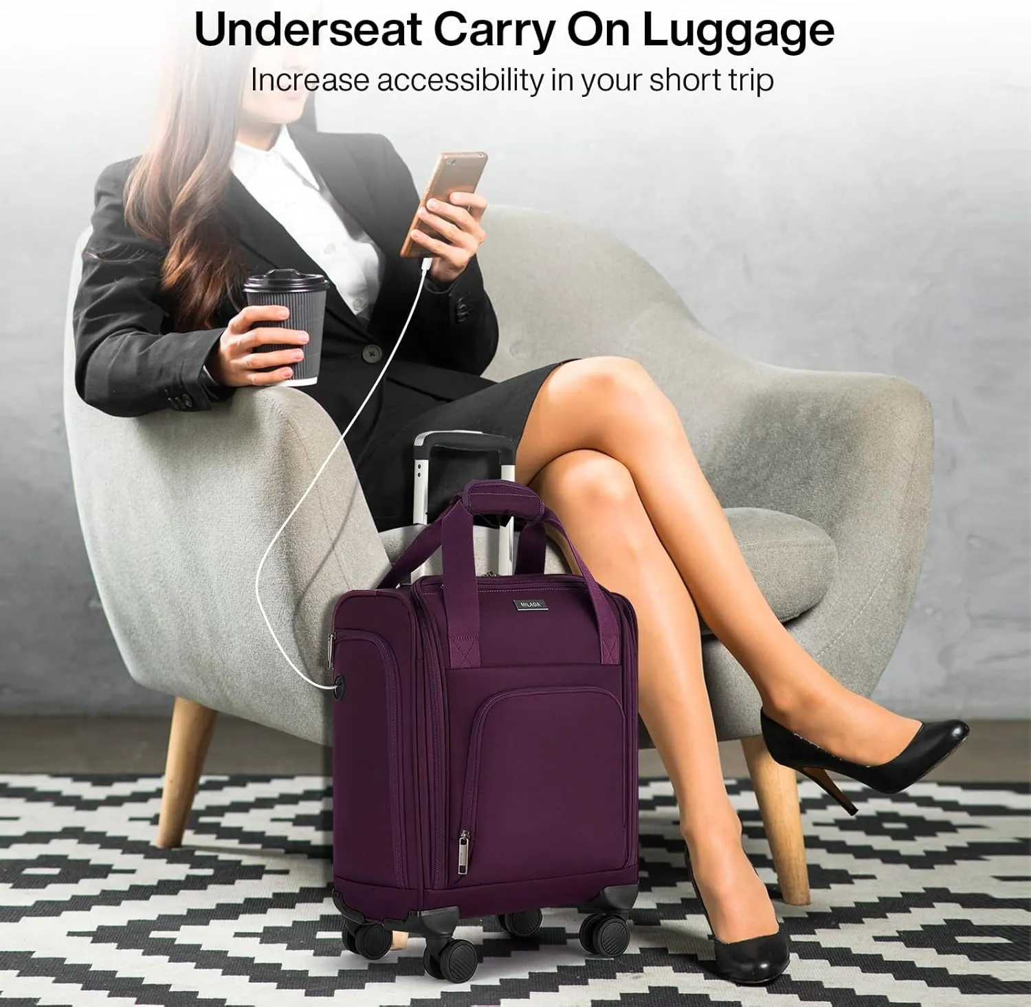 MILADA Carry On Luggage Airline Approved 16 Inch Underseat Small Suitcases with Wheels Softside Travel Luggage Carry On Mini Suitcase for Men Women Short Business and Travel, Purple