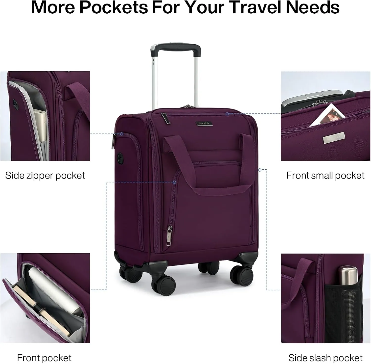 MILADA Carry On Luggage Airline Approved 16 Inch Underseat Small Suitcases with Wheels Softside Travel Luggage Carry On Mini Suitcase for Men Women Short Business and Travel, Purple