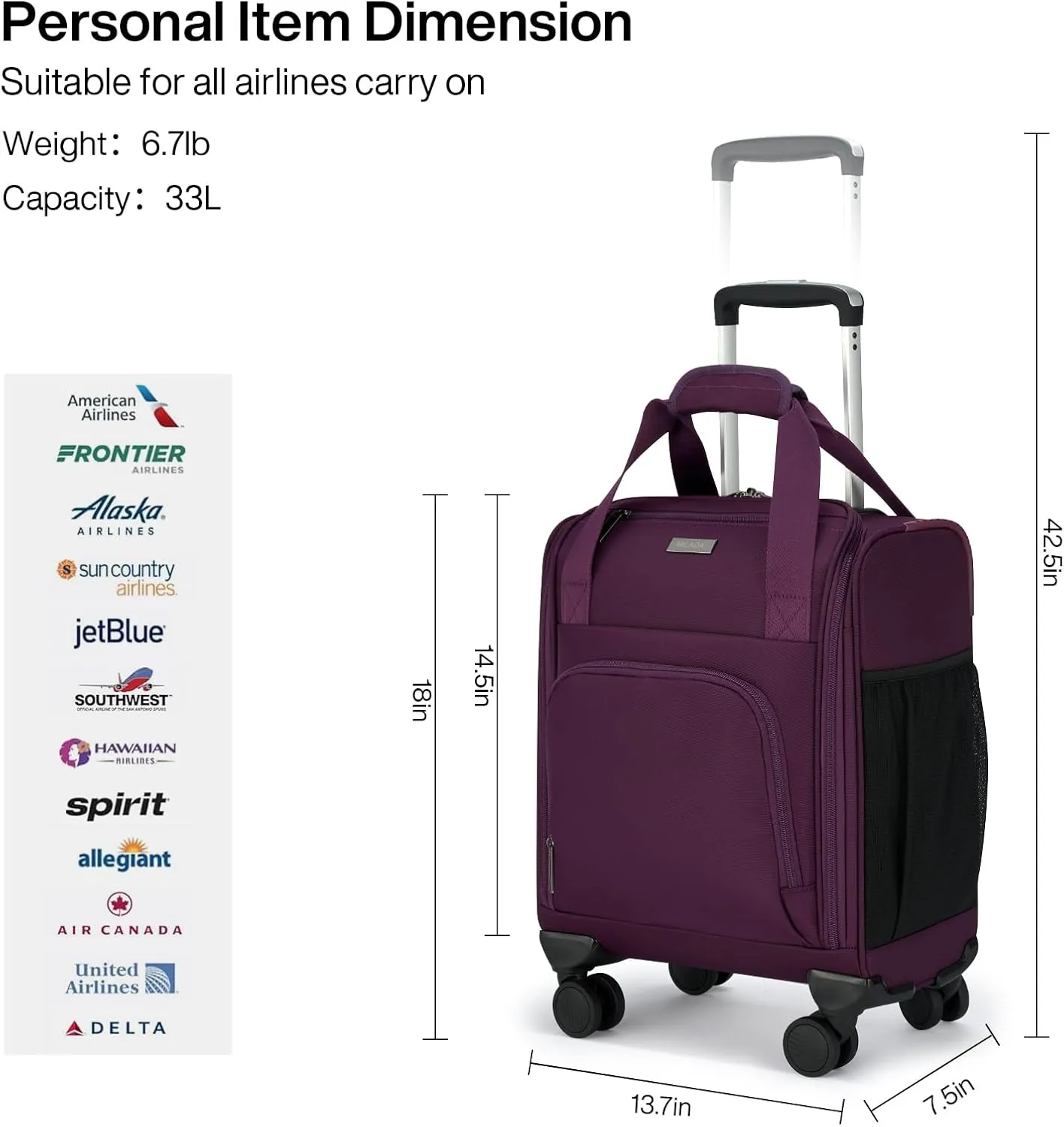 MILADA Carry On Luggage Airline Approved 16 Inch Underseat Small Suitcases with Wheels Softside Travel Luggage Carry On Mini Suitcase for Men Women Short Business and Travel, Purple