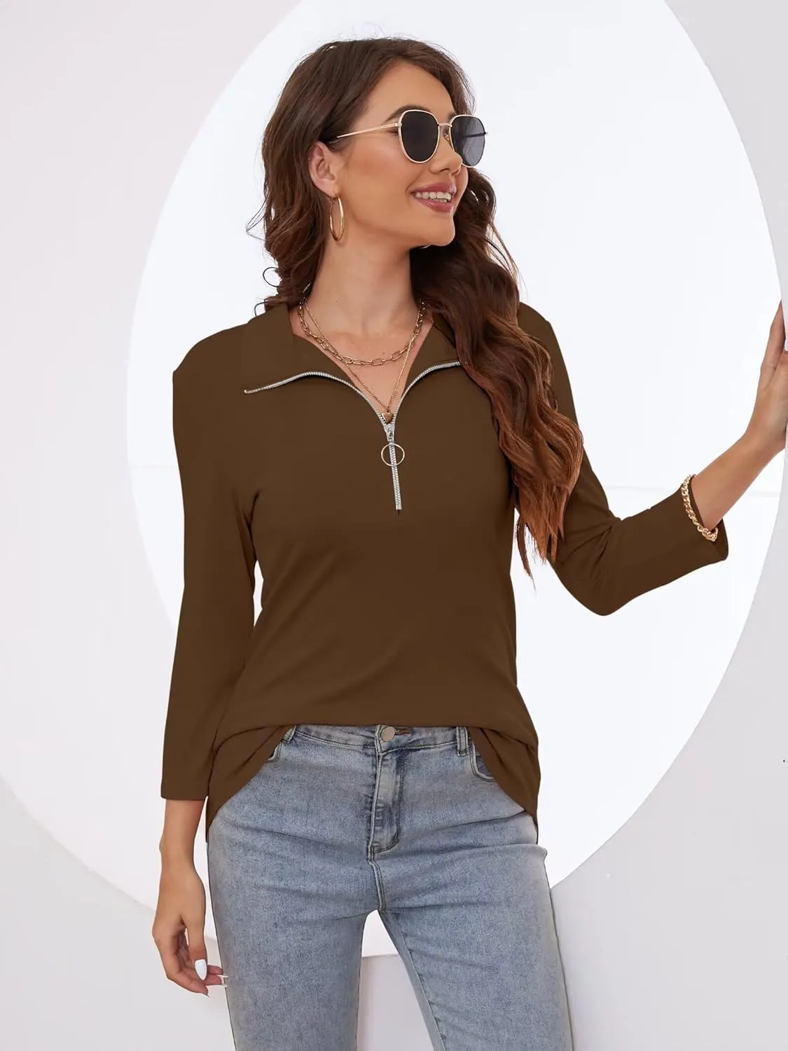 Minetom Women's V Neck 3/4 Sleeve Tops Quarter Zip Collared Shirts Polo Shirts Summer Tees
