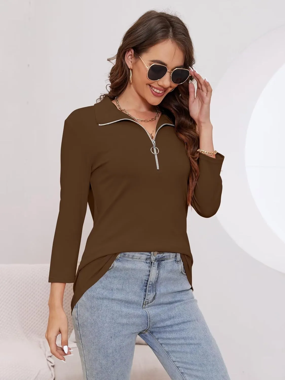 Minetom Women's V Neck 3/4 Sleeve Tops Quarter Zip Collared Shirts Polo Shirts Summer Tees