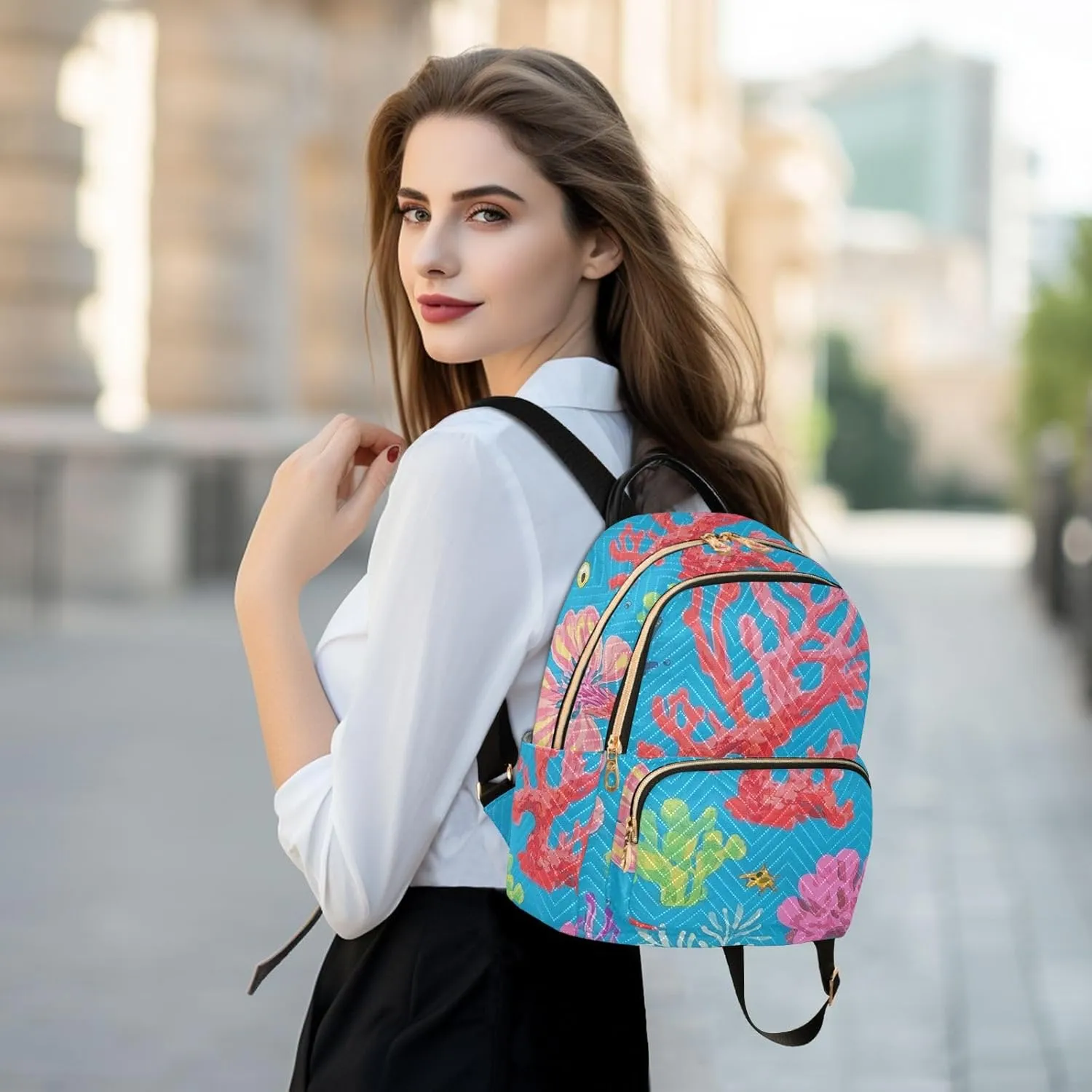 Mini Backpack Quilted Purse for Womens Small Backpack Daypack Coral Pattern for Travel Daily Outing,Multi3