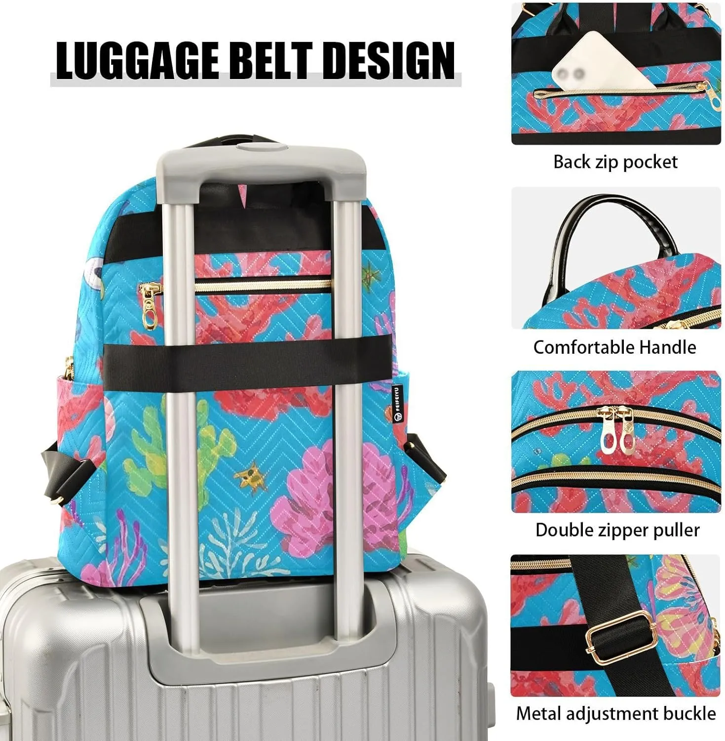 Mini Backpack Quilted Purse for Womens Small Backpack Daypack Coral Pattern for Travel Daily Outing,Multi3