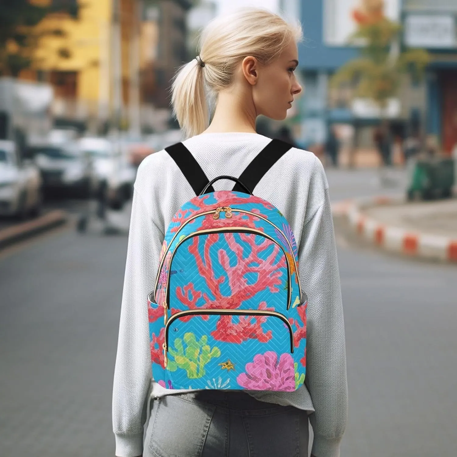 Mini Backpack Quilted Purse for Womens Small Backpack Daypack Coral Pattern for Travel Daily Outing,Multi3