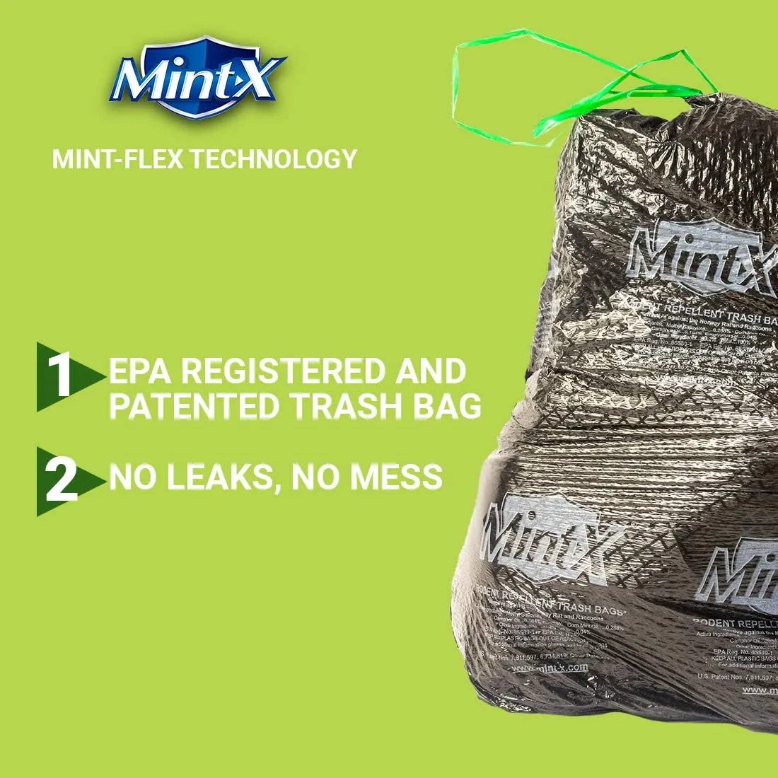 Mint-X Rodent Repellent Outdoor Home and Industrial Trash Bags with Drawstring & Mint-Flex Technology; 33 Gallon, 40 Count, Black