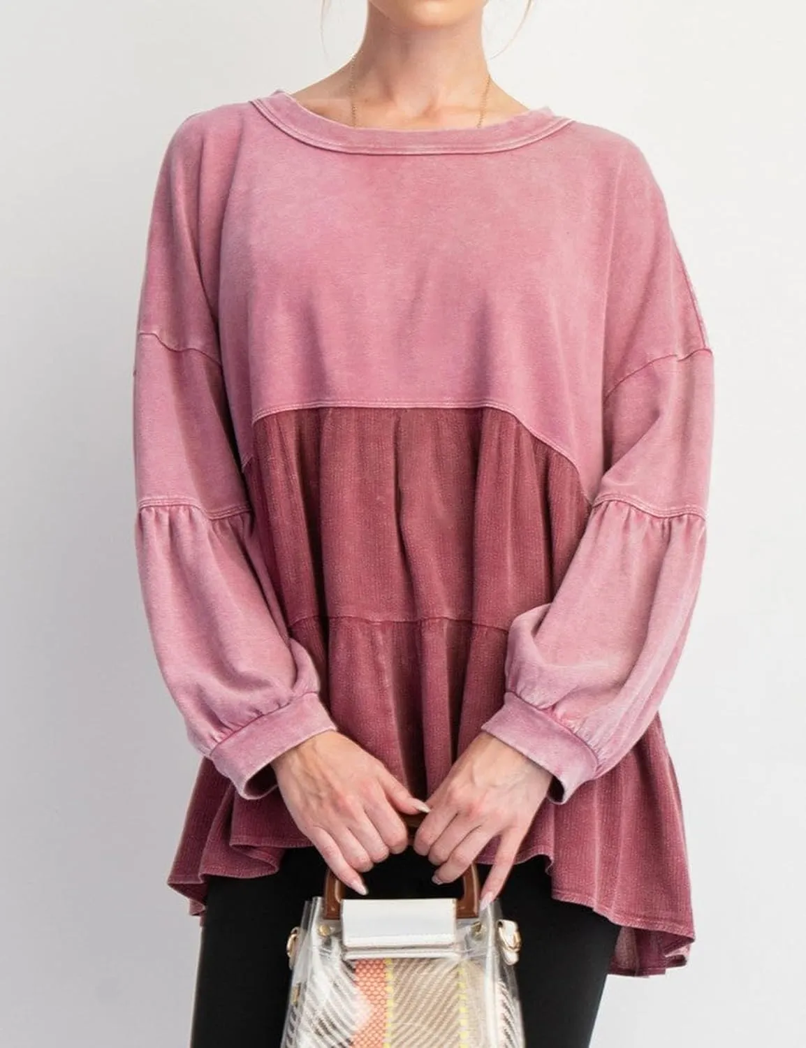MISSACTIVER Women Peplum Ruffled Hem Patchwork Sweatshirt Babydoll Lantern Sleeve Crewneck Pullover Contrast Flowy Tunic Tops