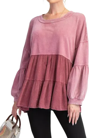MISSACTIVER Women Peplum Ruffled Hem Patchwork Sweatshirt Babydoll Lantern Sleeve Crewneck Pullover Contrast Flowy Tunic Tops